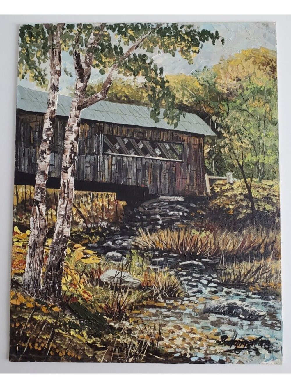 Original Covered Bridge Painting Boulanger 1978 Autumn Landscape Signed 14x18